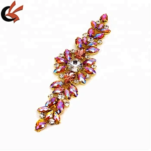 18.2*5.5CM AB Resin rhinestone applique Gold Base wedding Dress Belt Applique