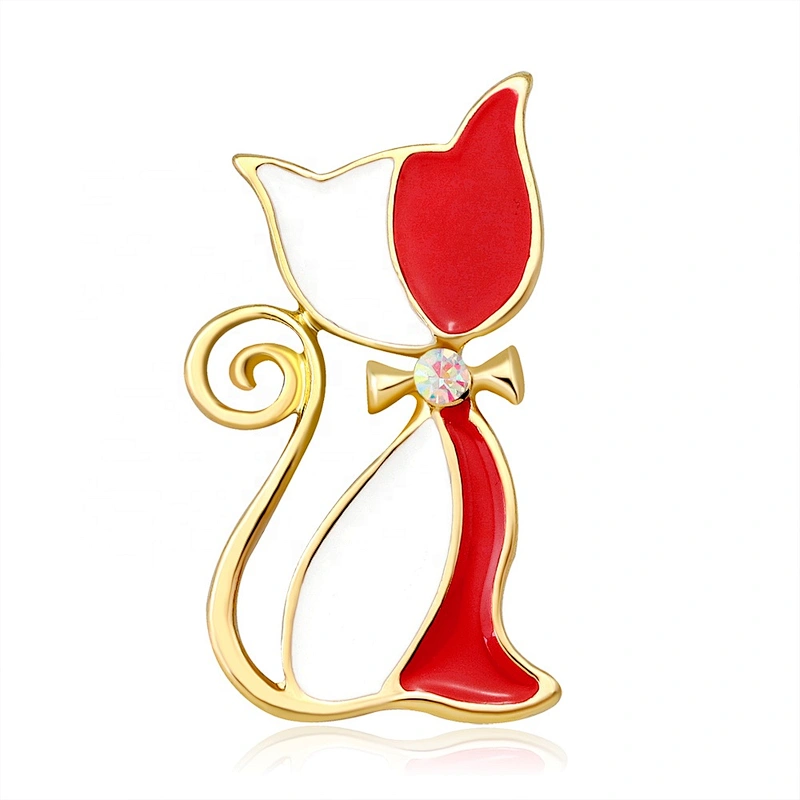 gold tone animal AB clear white and red enamel cat brooch pin