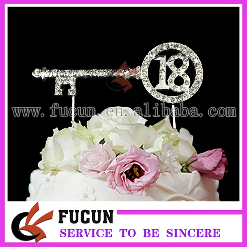 New birthday party decoration Silver Key shape number 18 rhinestone cake topper