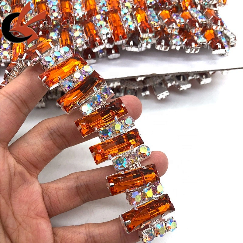 Costume Applique Orange crystal rhinestone golden Trimming chain