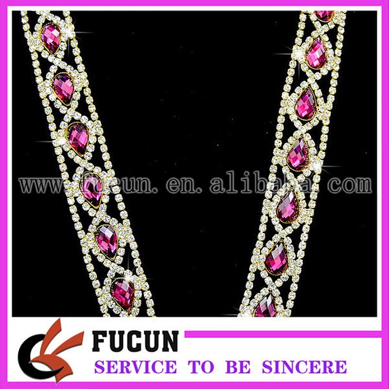 Gold Metal Crystal Rhinestone Chain Fuchsia Drop shaped Costume Trim Sewing Applique
