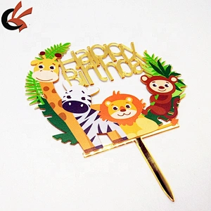 2019 New Arrival Mirror Gold Happy Birthday forest animal Acrylic Cake Topper