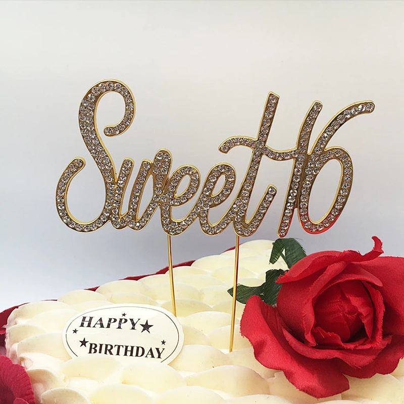 latest hot sale new product gold plating sweet 16 birthday decoration rhinestone cake topper