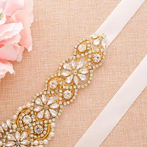 Sparkle gold Crystal Rhinestone Applique with Pearls for Bridal Belt Wedding Dress Garters Headpieces