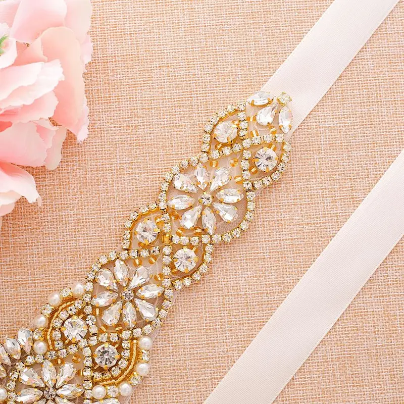 Sparkle gold Crystal Rhinestone Applique with Pearls for Bridal Belt Wedding Dress Garters Headpieces
