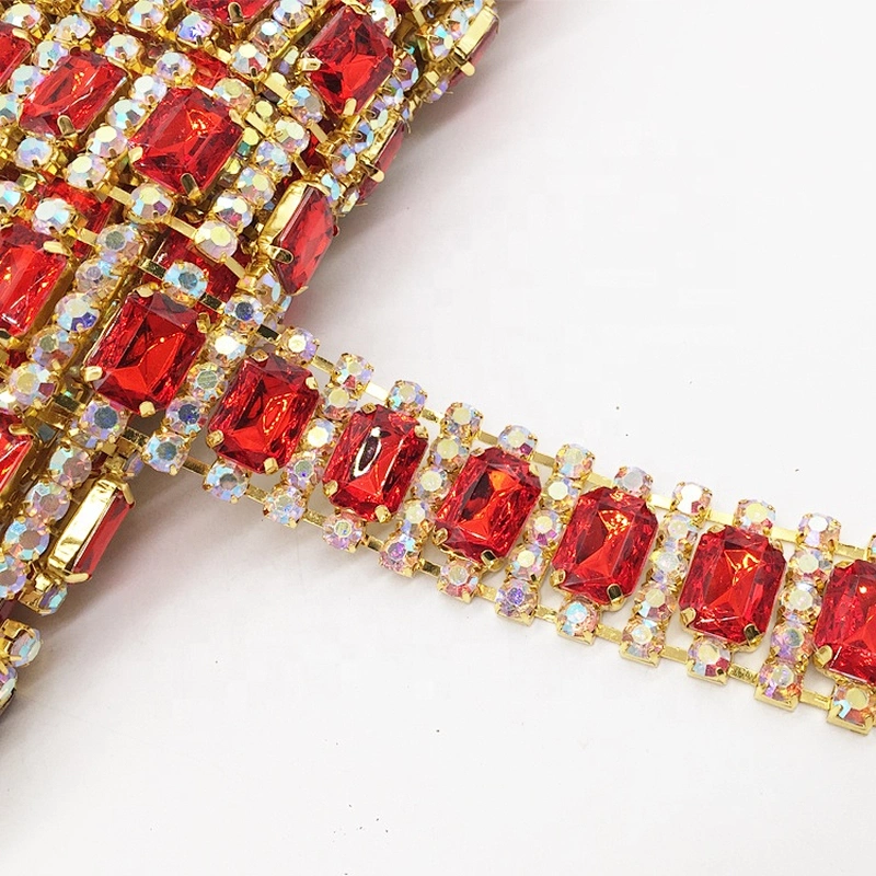 luxury crystal red stone trims rhinestone chain trim yard in gold