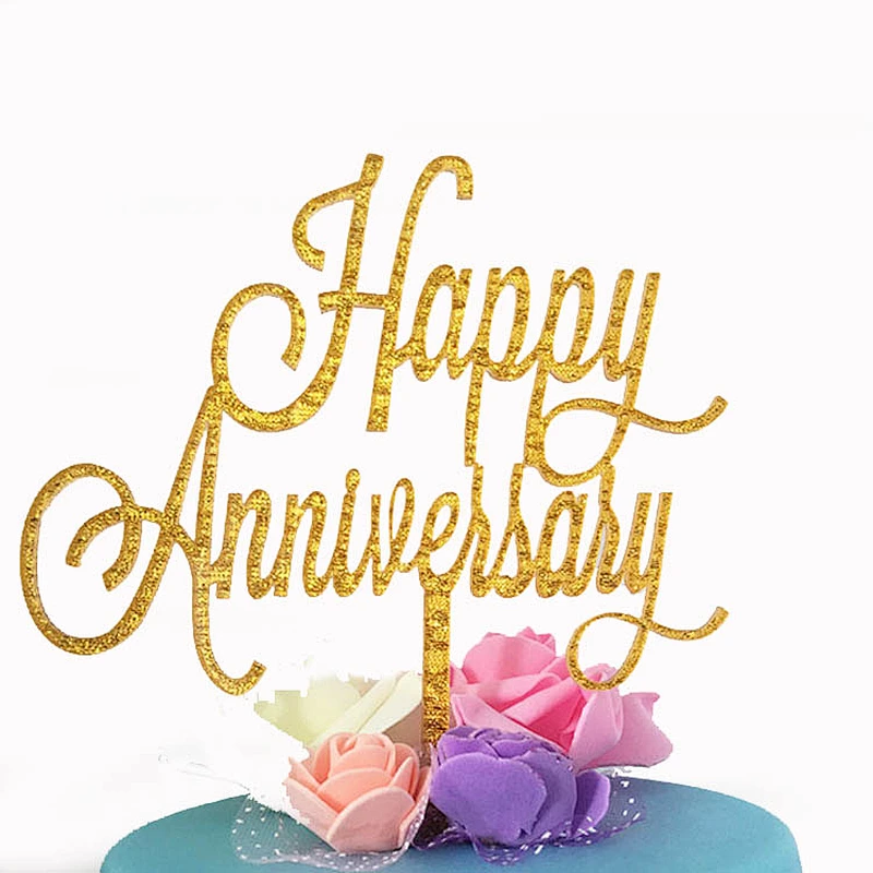 Cheap Laser cutting Golden Happy anniversary acrylic cake topper wholesale