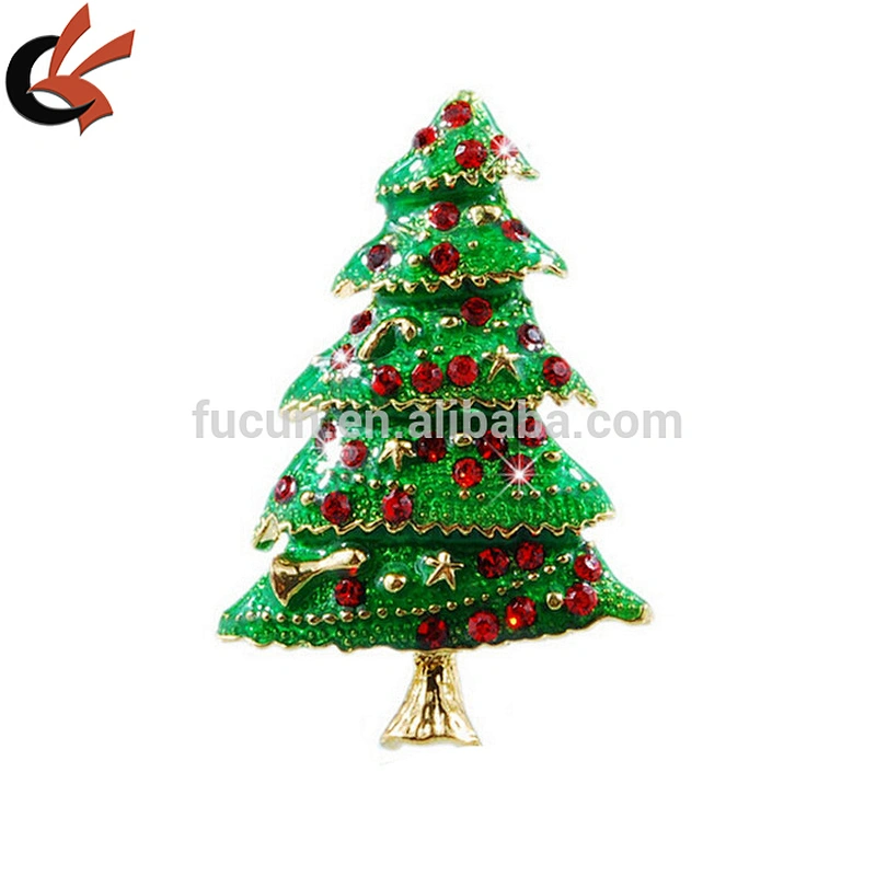 Vintage Gold silver green Enamel & Rhinestone Christmas Tree Brooch Pin