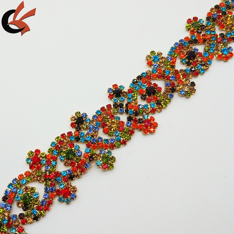 Factory latest design mix color rhinestone trim chain for dress