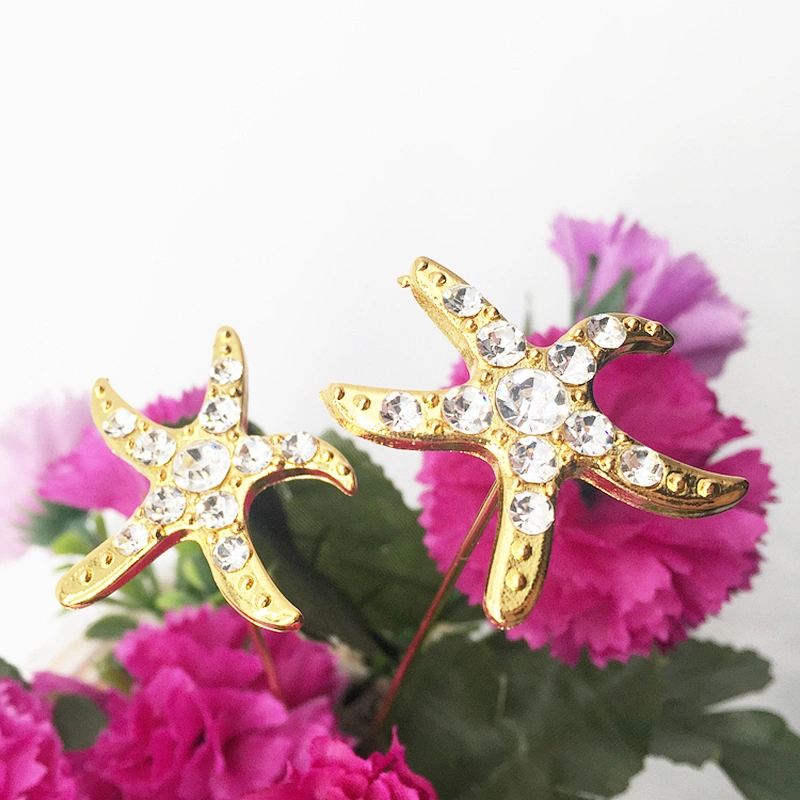 silk rose flowers bunch gold starfish rhinestone stick brooch for decors