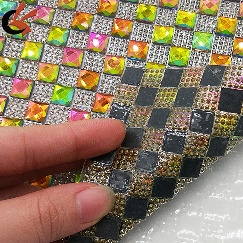2019 new sparklyl rainbow square glass rhinestone mesh heat transfer rhinestone mesh