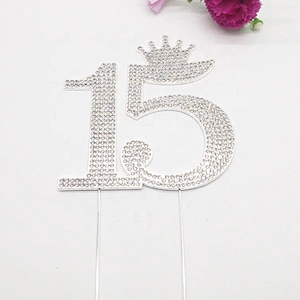 Silver and Gold Crystal Rhinestone 15th Happy Birthday Tiara Crown Cake Topper