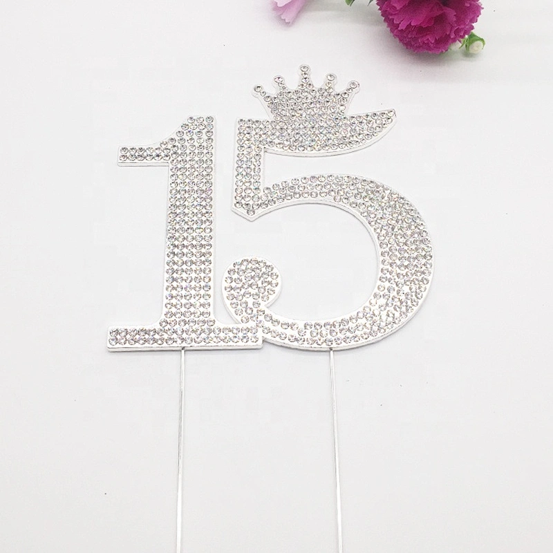 Silver and Gold Crystal Rhinestone 15th Happy Birthday Tiara Crown Cake Topper
