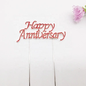Factory Party Decoration Red Rhinestone Material Happy Anniversary Cake Topper