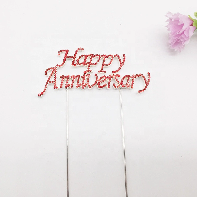 Factory Party Decoration Red Rhinestone Material Happy Anniversary Cake Topper