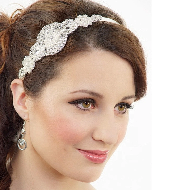 Vintage Hand Crafted Rhinestones Beaded Hair Ribbon Flower Bridal Hair Band Applique Patch