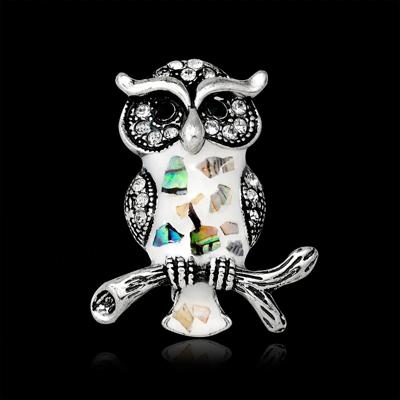 custom antique silver animal brooch shell decorative rhinestone owl brooch pin