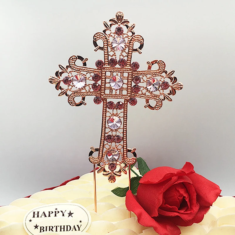 Wedding Cake Decoration Bling Party Favor cross style light rose rhinestone cake topper