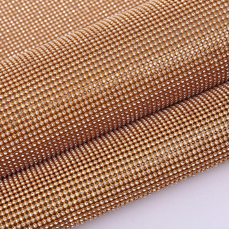 wholesale gold base  hot fix aluminum crystal rhinestone  mesh with glue for garment