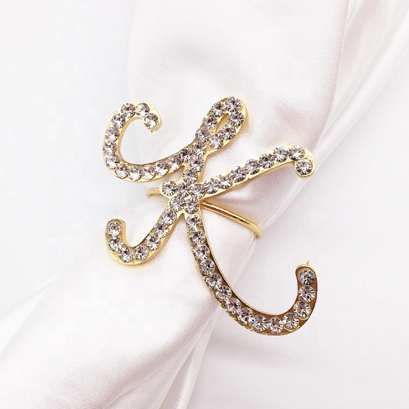 Custom crystal metal gold initial napkin ring rhinestone letter napkin ring for wedding decoration