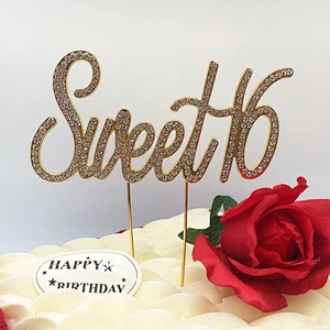 latest hot sale new product gold plating sweet 16 birthday decoration rhinestone cake topper