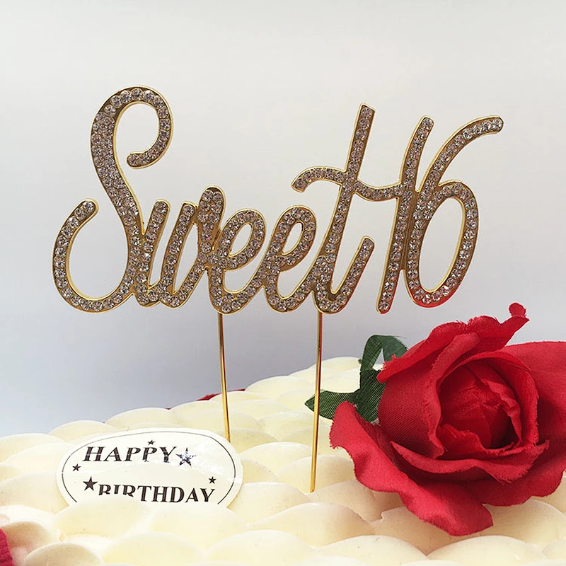 latest hot sale new product gold plating sweet 16 birthday decoration rhinestone cake topper