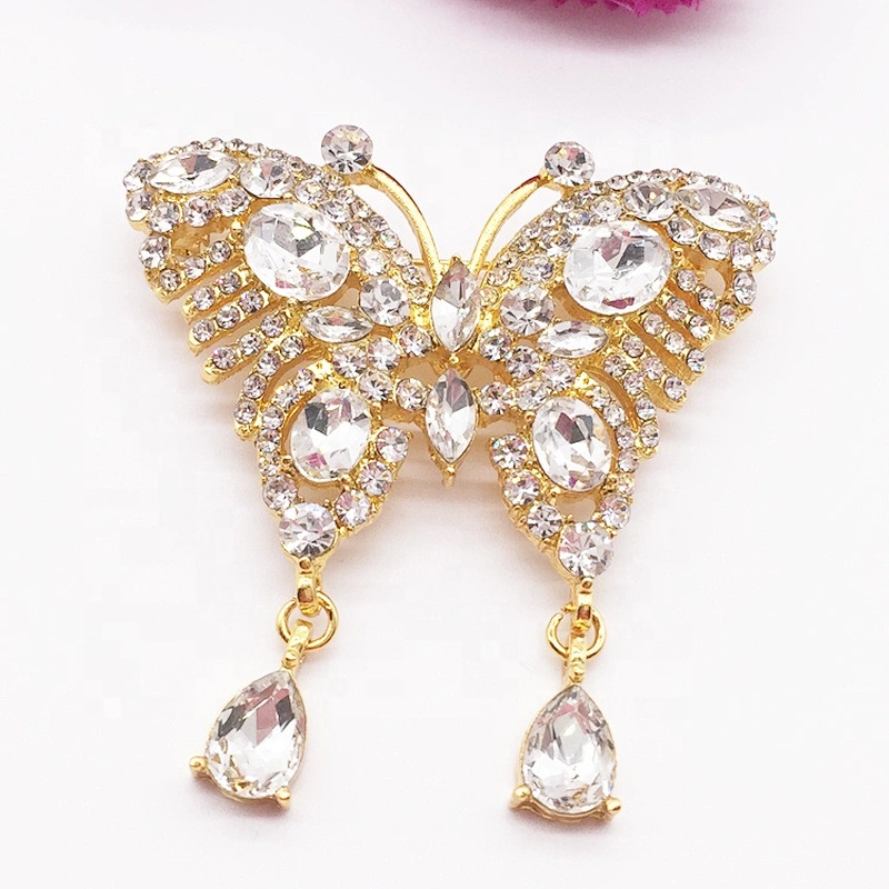 Clear Crystal Diamante Gold Plated Butterfly Brooch Pins for DIY Wedding Bridal Bouquets