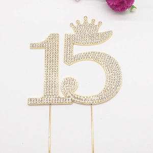 Silver and Gold Crystal Rhinestone 15th Happy Birthday Tiara Crown Cake Topper