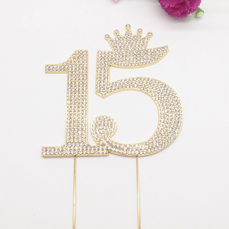 Silver and Gold Crystal Rhinestone 15th Happy Birthday Tiara Crown Cake Topper