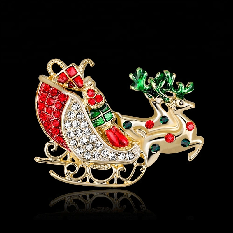 Vintage Rhinestone Deer and sleigh Christmas Holiday Brooch Pin