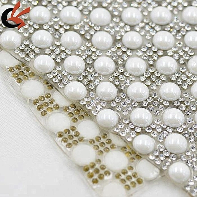 wholesale bling flat iron pearl and rhinestone mesh trimming for cloth