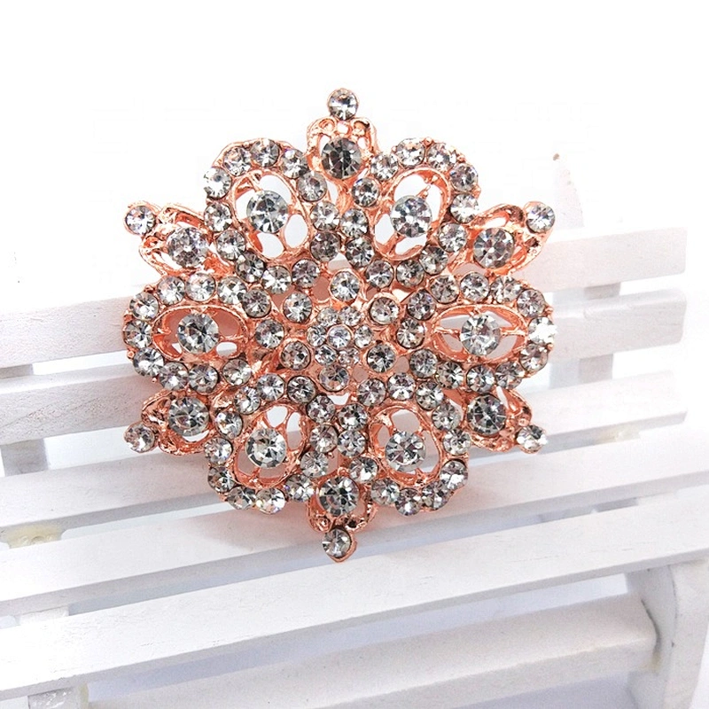 Big Rose Gold Crystal Rhinestone Flower Brooch Pin