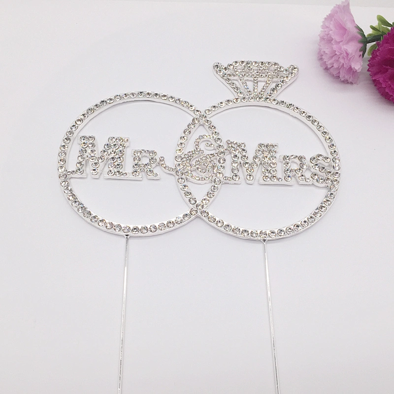 Custom wedding party cake decoration funny rhinestone wedding ring Mr & Mrs cake topper