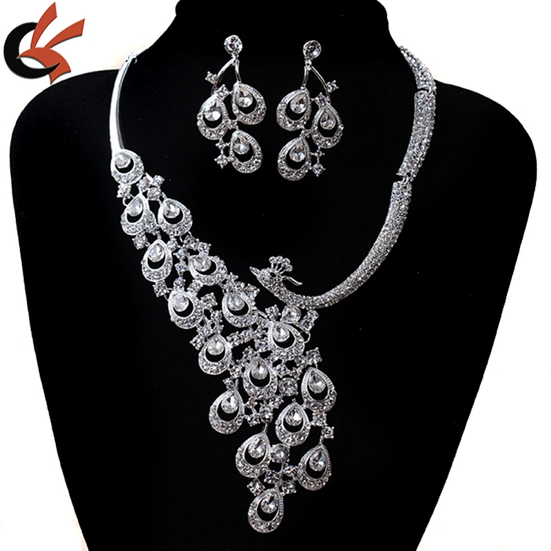 China style Red rhinestone gold plating peacock Jewelry Set Necklace Earrings Set