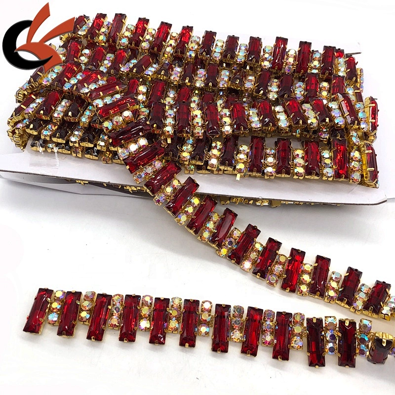 Costume Applique Red crystal rhinestone golden Trimming chain