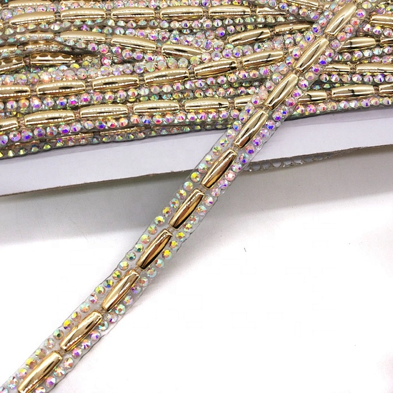 Custom Garment Decoration Trim Iron On Iridescent Resin Stone and Gold Plastic Trim