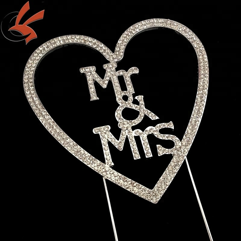 Hot Wedding Anniversary Decoration Rhinestone Silver Mr & Mrs in Heart Cake Topper