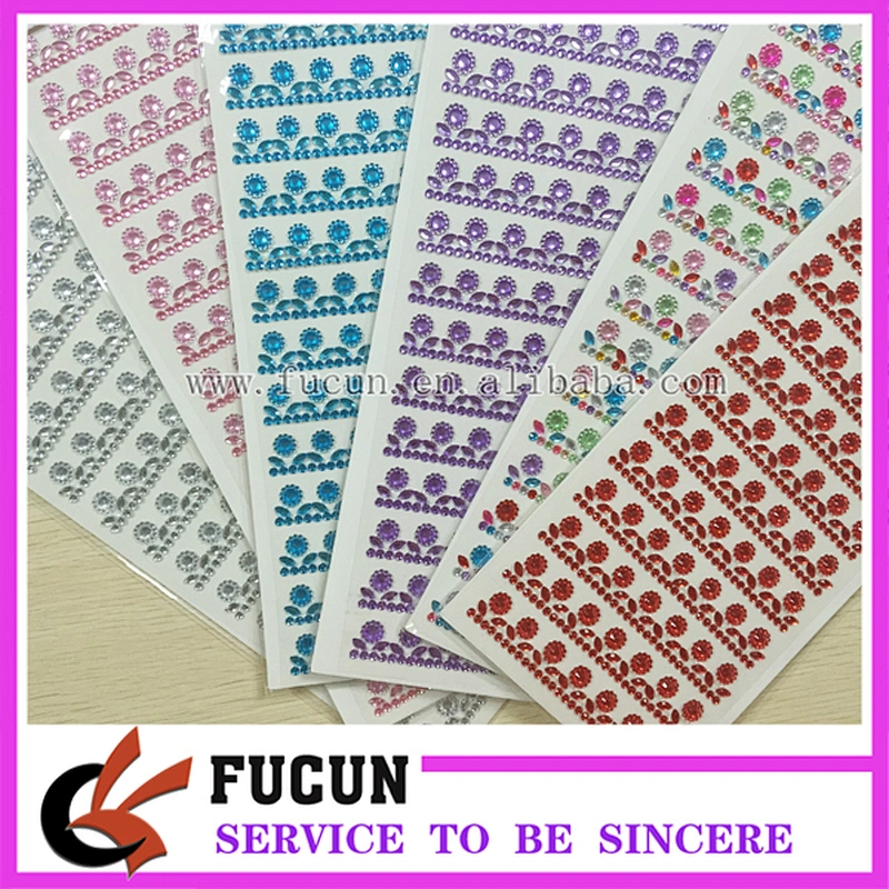 Fancy cheap price 5 rows assorted colors self adhesive sticker sheet rhinestone sticker for decoration