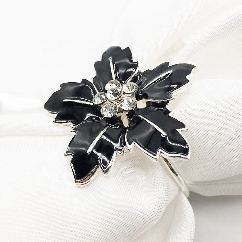 Custom Elegant Crystal Black Flower Wedding Table Napkin Rings