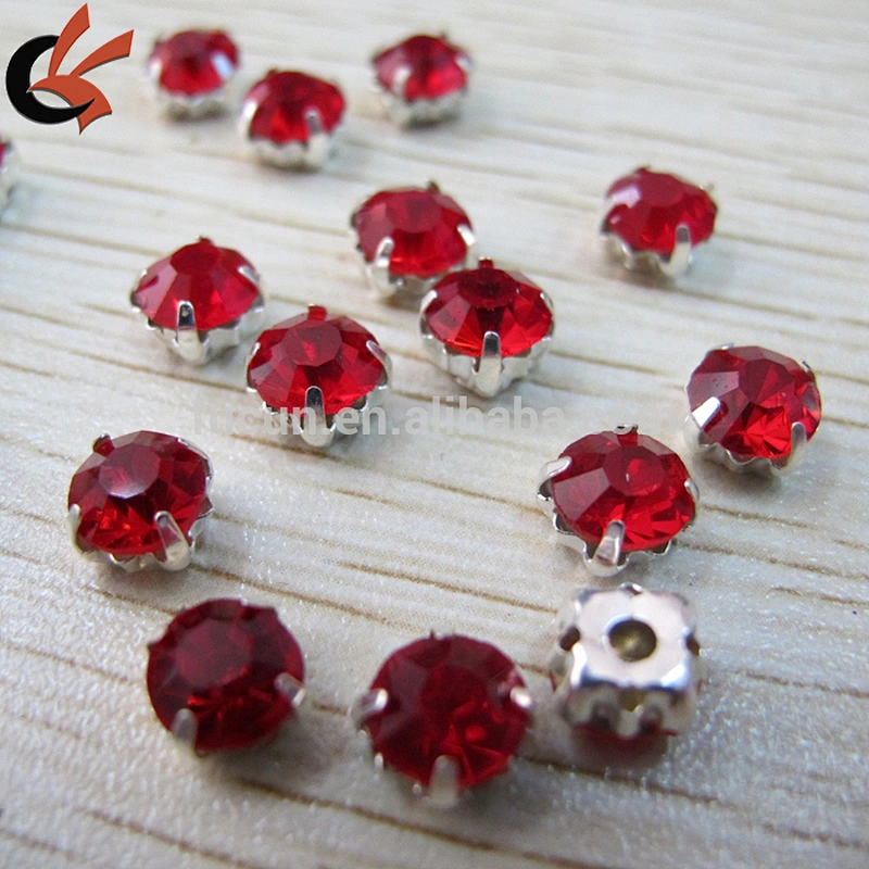 round sew on red rhinestone with claw and hole