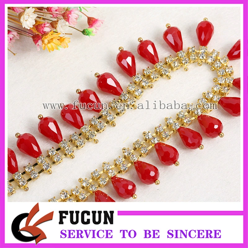 New Arrival Jewellery Luxury Red Crystal Rhinestone Beaded Stretch Rhinestone Chain Trimming