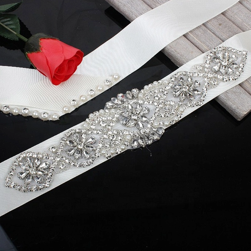 custom design glass beaded lace rhinestone trim applique sash belt for wedding dresses