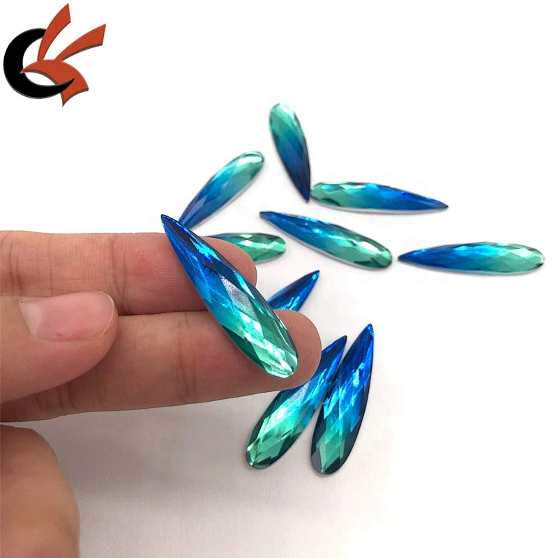 Ombre Royal and Turquoise Gradient 9x36mm teardrop shape resin rhinestones for garment decoration