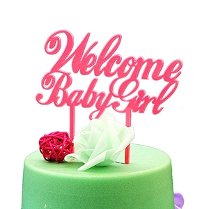 Baby shower birthday decoration acrylic solid pink colour welcome baby girl cake topper acrylic topper