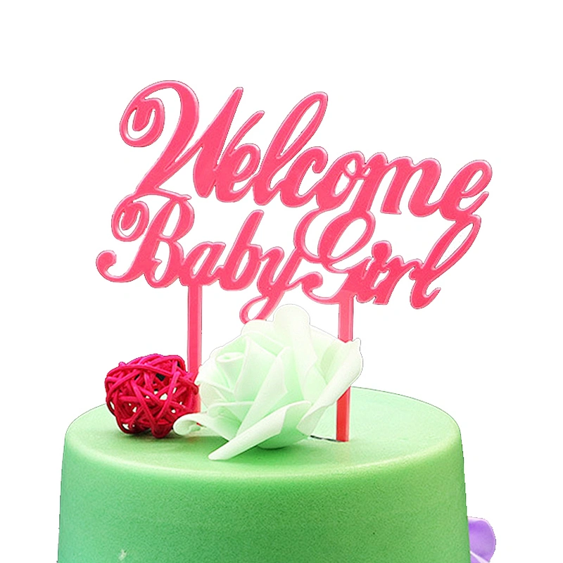 Baby shower birthday decoration acrylic solid pink colour welcome baby girl cake topper acrylic topper