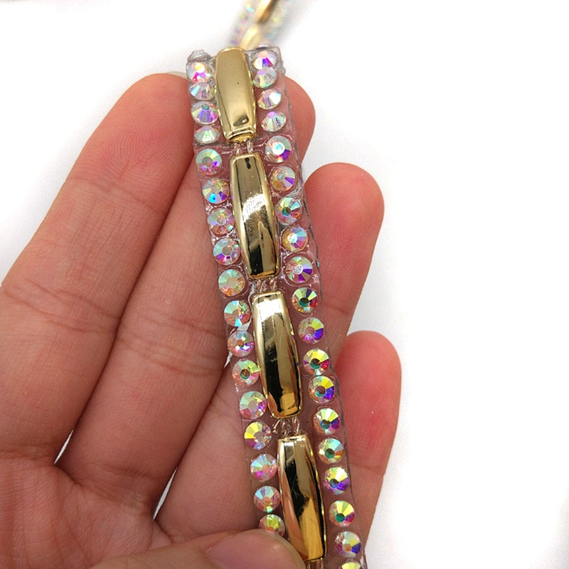 Custom Garment Decoration Trim Iron On Iridescent Resin Stone and Gold Plastic Trim