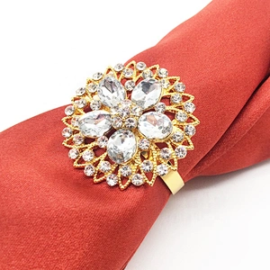 Elegant Table Decoration Glass Rhinestone Gold Bridal Wedding Floral Napkin Ring