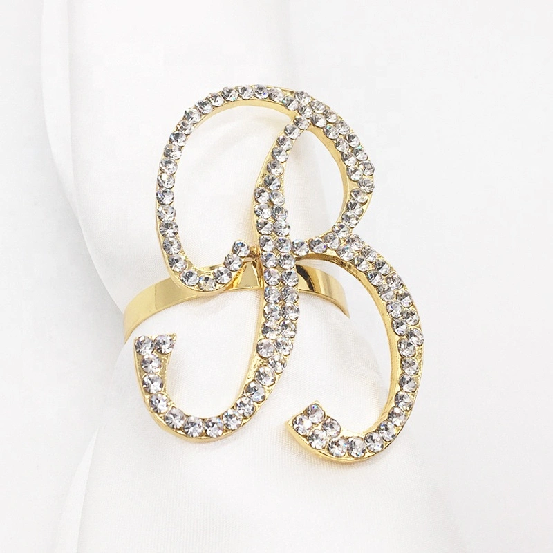 Metal crystal napkin rings gold plated alphabet rhinestone napkin ring for customs