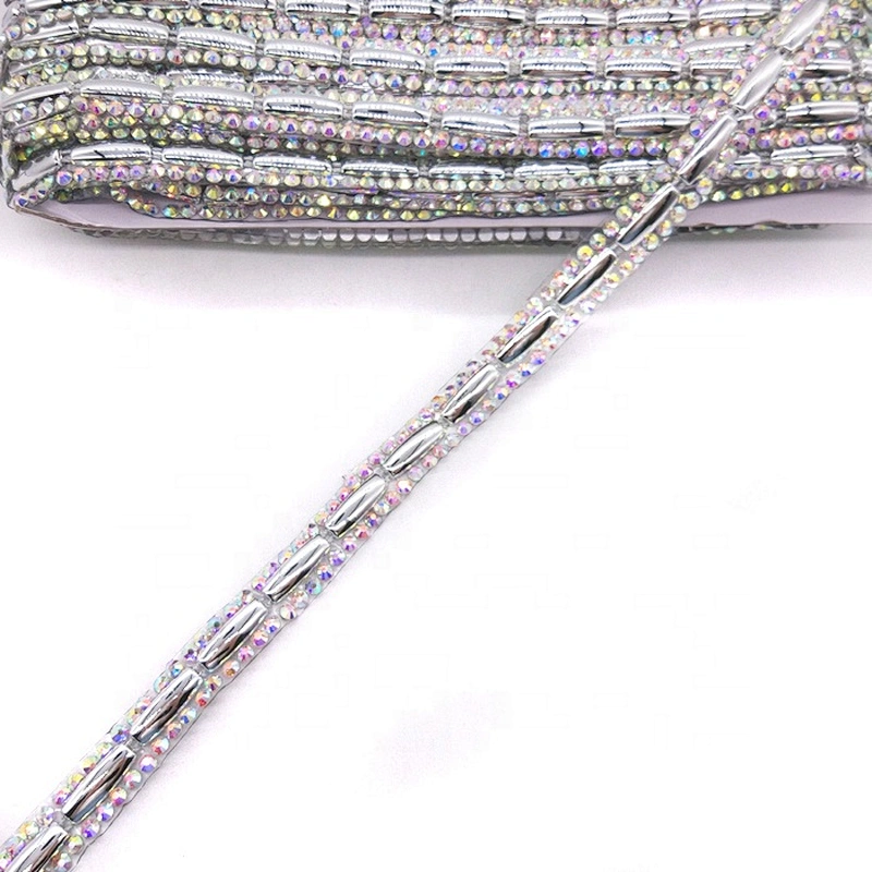 Custom Garment Decoration Trim Iron On Iridescent Resin Stone and Gold Plastic Trim