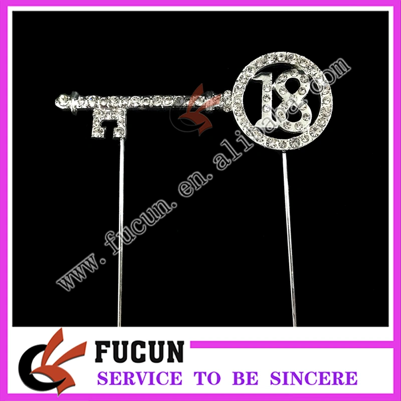 New birthday party decoration Silver Key shape number 18 rhinestone cake topper